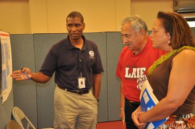 Earthquake ^ Flooding ^ Tsunami - Pago Pago, American Samoa, October 23, 2009 -- Congresswoman Laura Richardson, whose Southern California district has the largest Samoan population in the United States, and American Samoa Congressman Eni F. H. Faleomavaega listen as Federal Coordinating Officer Kenneth R. Tingman describes FEMA 's response to the Sept. 29th earthquake, tsunami and flooding disaster. They met with Gov. Togiola Tulafono and FEMA officials for two hours to discuss the disaster response and recovery plans. Richard O'Reilly/FEMA