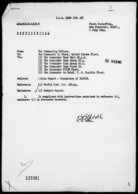 USS LEON - Rep of opers in the invasion of Saipan Island, Marianas, 6/15-24/44