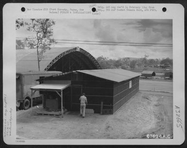 Exterior view of the 27th Air Depot Group instrument shop at the Port Moresby Air Depot, Papua, New Guinea. 1943. (U.S. Air Force Number 67694AC)