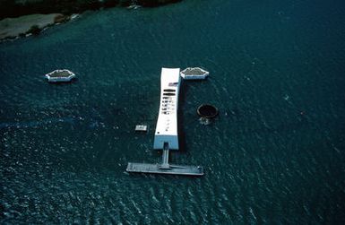 An aerial view of the USS ARIZONA Memorial