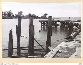 LAE, NEW GUINEA, 1945-11-26. THESE PILES, MADE OF TURPENTINE IMPORTED FROM QUEENSLAND, ONCE FORMED PART OF THE LAE WHARF WHICH WAS DESTROYED. THE WHARF WAS USED BY GUINEA AIRWAYS IN PRE- WAR DAYS ..