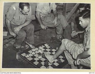 TOROKINA, BOUGAINVILLE. 1945-04-21. THE D BOARD, A SPECIALLY CONSTRUCTED DRAUGHT BOARD AT 2/3 CONVALESCENT DEPOT IS USED TO EXERCISE TOES AND FEET. SERGEANT A. FULTON 26 INFANTRY BATTALION (1), ..