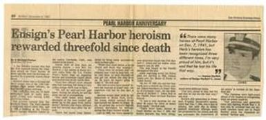 [Clipping: Ensign's Pearl Harbor Heroism Rewarded Threefold Since Death]