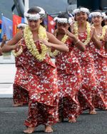 Hawaiian Dancers from the Halau Hula Olana dance group perform a hula dance during the Commander-in-CHIEF US Pacific Commands Change of Command Ceremony at, Marine Corps Base, Kaneohe Bay, Hawaii. During the Ceremony Admiral Dennis C. Blair relinquished his command to Admiral Thomas B. Fargo