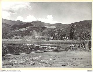 WAU, NEW GUINEA. 1945-10-17. VIEW OF THE FARM UNDER CULTIVATION BY MEMBERS OF 5 INDEPENDENT FARM PLATOON. THE IRRIGATION PLANT IS IN THE FOREGROUND