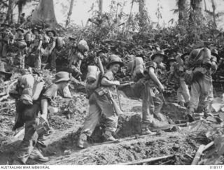 1945-02-15. PACIFIC AREA NO. 30: BOUGAINVILLE: NUMA SECTOR. AUSTRALIAN INFANTRY MEN HEADING TOWARDS FORWARD POSITIONS HAVE TO CLIMB ABOUT 3,000 FEET OVER MOUNTAINOUS COUNTRY SIMILAR TO THAT ..