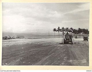 TOL AREA, NEW BRITAIN. 1945-08-02. THE SOUTH WEST END OF THE AIRSTRIP, OVERLOOKING HENRY REID BAY, DURING CONSTRUCTION BY 2/3 RAILWAY CONSTRUCTION COMPANY