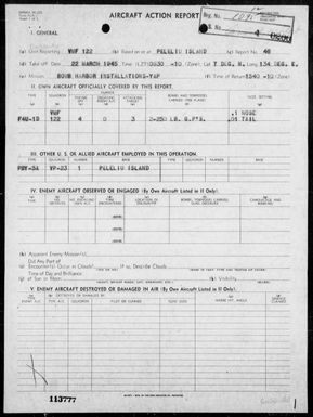 VMF-122 - ACA reps nos 46-48 â Bombing harbor installations at Yap, Carolines & causeway between Koror & Babelthuap Is, Palau 3/22-25/45