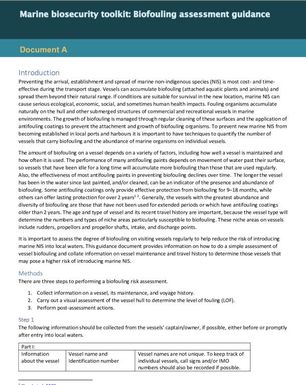 Marine Biosecurity Toolkit: Biofouling Assessment Guidance