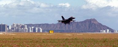 An F-16C, from the South Carolina Air National Guard (SCANG), lands from the first flight of the day of the aircraft. They are deployed to Hickam Air Force Base, Hawaii, for Sentry Aloha. This exercise is an opportunity for the Hawaii Air National Guard, based on Hickam, to train with F-16 units based on the U.S. mainland. The SCANG is based on McEntire ANG Station in Eastover, South Carolina