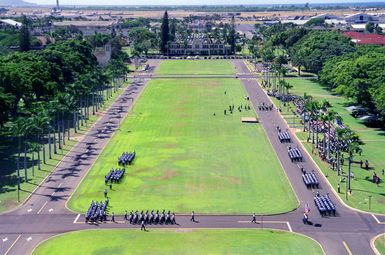 Aerial view of the pass and review of troops at the PACAF change of command ceremony