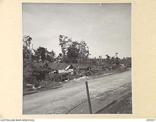 DALLMAN, WEWAK AREA, NEW GUINEA. 1945-08-28. GENERAL VIEW, TAKEN FROM THE ROAD, SHOWING THE LINE OF TANK ATTACK GUNS OF 2/1 TANK ATTACK REGIMENT ROYAL AUSTRALIAN ARTILLERY