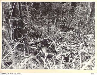 WEWAK AREA, NEW GUINEA. 1945-06-27. PRIVATE C. ERICSON (1) AND PRIVATE R. BREWSTER (2), C COMPANY, 2/8 INFANTRY BATTALION, TAKING PART IN THE ACTION AGAINST JAPANESE FORCES ON MOUNT SHIBURANGU