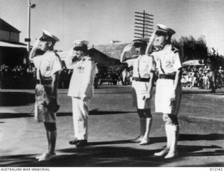 1942-04-28. LEFT TO RIGHT ADMIRAL D'ARGENHEM (GOVERNOR OF NEW CALEDONIA) CAPTAIN CABANIER, DEFENCE CHIEF. (NEGATIVE BY B.M.I.)