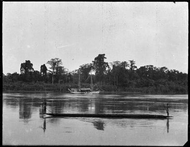Plantation owner E.J. Wauchope's schooner  Balangot and a long canoe, Ramu River, New Guinea, 1935 / Sarah Chinnery