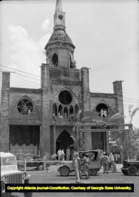 Saint Joseph Church exterior with bomb damage suffered during World War II, 1949