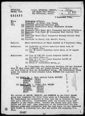 USS Ingersoll - Rep of Bombardment of Angaur, Peleliu & Ngesebus Is, Palau Is on 9/7/44