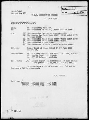 USS MACDONOUGH - Report of Bombardment of Guam Island, Marianas, 7/19-20/44