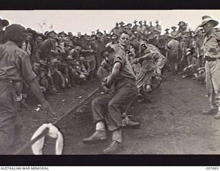 SOPUTA, NEW GUINEA. 1943-10-09. COMBINED TUG OF WAR TEAM FROM "C" SQUADRON, 2/8TH AUSTRALIAN ARMOURED REGIMENT AND THE 2/94TH AUSTRALIAN LIGHT AID DETACHMENT PUTTING THE BEST INTO THEIR EFFORT AT ..