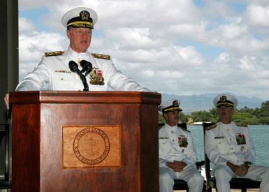 060808-N-4965F-013 (Aug. 8, 2006)US Navy (USN) Adm. Gary Roughed, Commander, US Pacific Fleet, delivers remarks as a guest speaker during an official Change of Command (COC) ceremony on board Naval Station (NS) Pearl Harbor, Hawaii (HI). USN Rear Adm. Michael C. Vitale was relieved of command by USN Rear Adm. Townsend G. Alexander during event.U.S. Navy official photo by Mass Communication SPECIALIST 1ST Class James E. Foehl (RELEASED)
