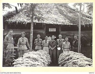 LAE AREA, NEW GUINEA, 1945-08-08. THE ARMY AUDIT STAFF, FIRST AUSTRALIAN ARMY OUTSIDE THE COMMONWEALTH AUDIT OFFICE. IDENTIFIED PERSONNEL ARE:- LIEUTENANT R.W. MATTHEWS (1); CORPORAL L. LOBB (2); ..