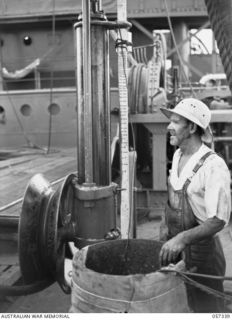 BOERA POINT, NEW GUINEA. 1943-10-01. CLOSE UP OF THE DYNAMOMETER ABOARD THE SS MERNOO MARINE CABLE LAYING SHIP