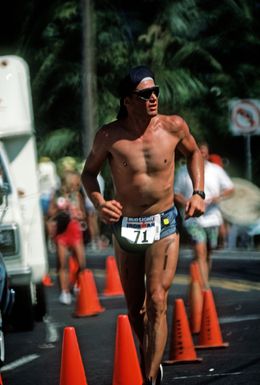 Major (MAJ) Gary Castelli, a member of the US Air Force, runs the 26-mile marathon, part of the 1987 Ironman Competition