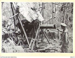 PUT PUTT, NEW BRITAIN. 1945-10-21. LIEUTENANT WHITE, ROYAL AUSTRALIAN NAVY EXAMINING THE SHATTERED MUZZLE OF A JAPANESE NAVAL GUN WHICH HAS BEEN DESTROYED BY RAMMING GELIGNITE DOWN ITS BARREL