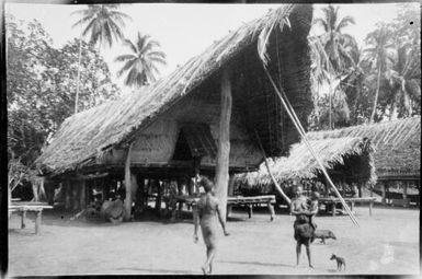 House with people outside, Awar, Sepik River, New Guinea, 1935 / Sarah Chinnery