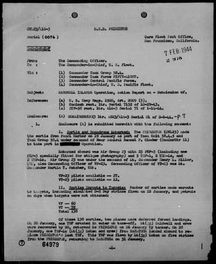 USS PRINCETON - Act Rep, Marshall Islands Ops 1/29/44 to 2/6/44