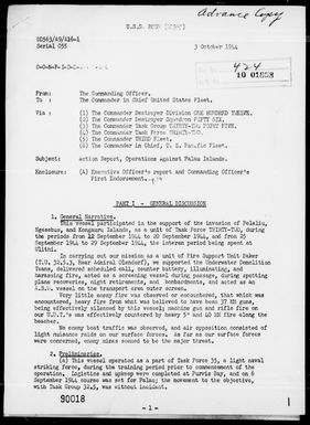 USS ROSS - Rep of Ops During the Invasion & Capture of Peleliu, Ngesebus, Kongauru, Palau Is, & Ulithi Atoll, Caroline Is, 9/12-29/44