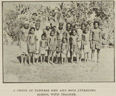 A group of Tannese men and boys attending school with teacher