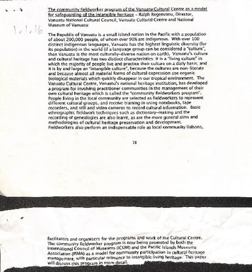 Ralph Regenvanu, Director, Vanuatu National Cultural Council, Vanuatu Cultural Centre and National Museum of Vanuatu. The community fieldworker program of the Vanuatu Cultural Centre as a model for safeguarding of the intangible heritage.