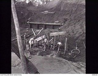 DONADABU, NEW GUINEA. 1943-11-03. SAPPERS OF THE 24TH AUSTRALIAN FIELD COMPANY, ROYAL AUSTRALIAN ENGINEERS, SINKING TRESTLE FOUNDATIONS FOR A NEW BRIDGE IN THE THICK MUD OF THE BANKS OF THE LALOKI ..