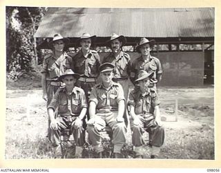 TOROKINA, BOUGAINVILLE, 1945-10-15. SERGEANTS OF THE ROYAL AUSTRALIAN ARTILLERY, HEADQUARTERS 3 DIVISION. IDENTIFIED PERSONNEL ARE:- SERGEANT J. VIGGIANO (1); WARRANT OFFICER 1 A.W. LOBB (2); ..