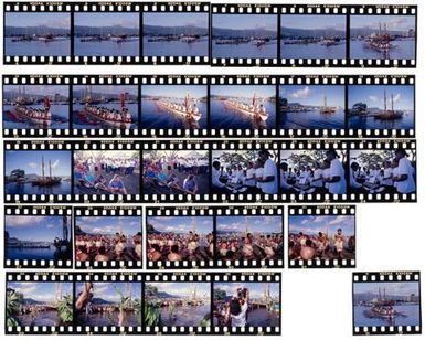 South Pacific Festival of the Arts, Apia, 1996. Vessels in the harbour and arrival of Cook Island vaka