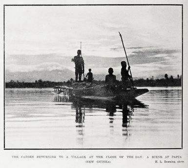 The canoes returning to a village at the close of the day: a scene at Papua (New Guinea)