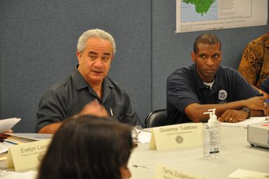 Earthquake ^ Flooding ^ Tsunami - Pago Pago, American Samoa, October 19, 2009 -- American Samoa Gov. Togiola Tulafono, left, and FEMA Federal Coordinating Officer Kenneth R. Tingman during a planning meeting at the Joint Field Office for the federally declared disaster for earthquake, tsunami and flood damage on Sept. 29, 2009. The island territory suffered 34 deaths and extensive damage and is receiving individual assistance and public assistance. Richard O'Reilly/FEMA