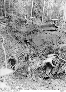 PAPUA, NEW GUINEA. 1942-08. SAPPERS OF THE 2/14TH AUSTRALIAN FIELD COMPANY ROYAL AUSTRALIAN ENGINEERS, WHO BUILT ROADS THROUGH THE SNOWCLAD MOUNTAINS OF SYRIA, ARE NOW ENGAGED IN PUSHING A ROAD ..