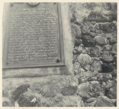 Plaque on church steeple, Cagsawa ruins, Philippines, [1967] / Albert Speer