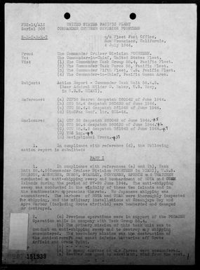 COMCRUDIV 14 - Report of anti-shipping sweep and bombardment of Rota & Guam Islands, Marianas, 6/27-28/44