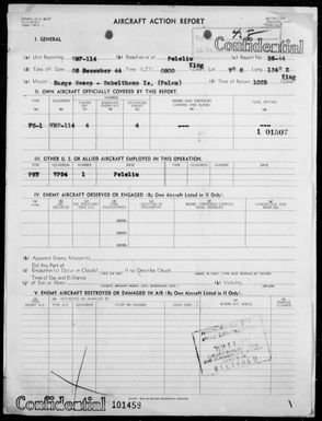 VMF-114 - ACA Reps Nos 36-44 to 39-44 - Bombing & Strafing Targets of Opportunity on Woleai & Yap Is, Carolines & in the Palau Is, 12/26-31/44