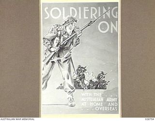 PAPUA, NEW GUINEA. 1942-09. THE PROPOSED DESIGN FOR THE DUST COVER OF THE 1942 CHRISTMAS BOOK PUBLISHED BY THE AUSTRALIAN WAR MEMORIAL- "SOLDIERING ON". THE DESIGN WAS SUBMITTED BY SERGEANT G. R. ..