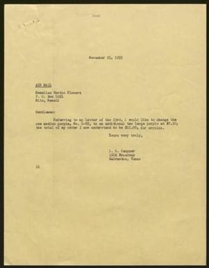 [Letter from I. H. Kempner to Hawaiian Exotic Flowers, November 25, 1955]