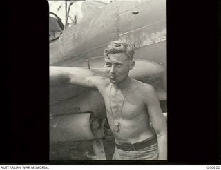 MOMOTE, LOS NEGROS ISLAND, ADMIRALTY ISLANDS. 1944-03-18. LEADING AIRCRAFTMAN A. G. "SNOWY" WOODS OF SOUTH BRISBANE, QLD, ARMOURER WITH NO. 76 (KITTYHAWK) SQUADRON RAAF. HE IS WEARING HIS DOG TAGS ..