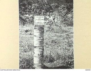 MILNE BAY, NEW GUINEA. 1943-03. SIGN ERECTED ON A COCONUT PALM STUMP NEAR NO. 3 AIRSTRIP (TURNBULL FIELD) TO MARK THE LIMIT OF THE JAPANESE ADVANCE TOWARDS GILI GILI IN 1942-09