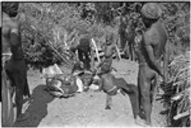 Distribution of wild pig meat: man cuts cooked pork, watched by others