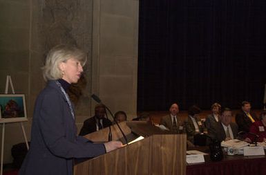 Secretary Gale Norton speaking at meeting of the U.S. Coral Reef Task Force in Washington, D.C. Norton was among officials from 12 federal agencies, 7states and territories, as well as the Marshall Islands, Micronesia, and Palau, discussing projects to improve conservation and management of coral reefs, the impact of climate change, international trade issues, and other matters