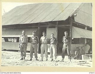 SOUTH ALEXISHAFEN, NEW GUINEA. 1944-08-08. MEMBERS OF THE ADMINISTRATION STAFF OF THE 111TH CASUALTY CLEARING STATION. IDENTIFIED PERSONNEL ARE:- NX125141 WARRANT OFFICER I, L.R. LINDOY (1); QX6264 ..