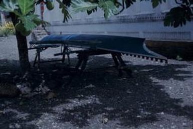 [Outrigger canoe on shore in Safotu, Samoa]